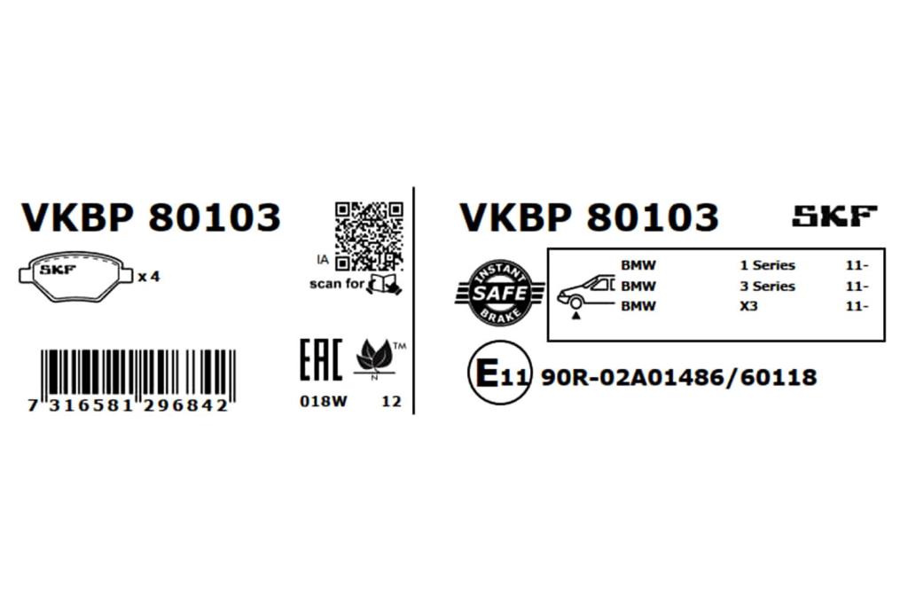 Jeu de 4 plaquettes de frein SKF ref. VKBP 80103